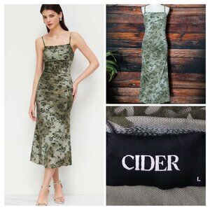 NWT Cider Midi Dress L Olive Green Floral Ruched Stretch
